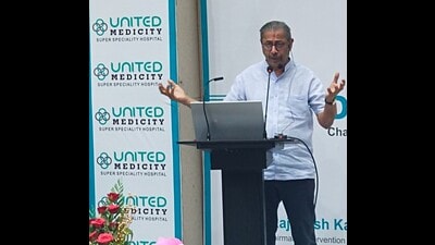 Dr Naresh Trehan speaking at the foundation stone laying function of the United Cancer Research and Treatment Centre at the hospital premises in Prayagraj on Saturday. (ht photo)