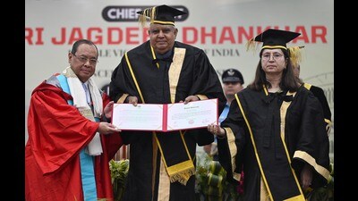 Former chief juistice of India Ranjan Gogoi was felicitated with the honorary degree of Doctor of Law by V-P Jagdeep Dhankhar during the 70th convocation of Panjab University in Chandigarh on Saturday. (Ravi Kumar/ HT) Former chief juistice of India Ranjan Gogoi was felicitated with the honorary degree of Doctor of Law by V-P Jagdeep Dhankhar during the 70th convocation of Panjab University in Chandigarh on Saturday. (Ravi Kumar/ HT)