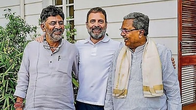 Karnataka CM Siddaramaiah and deputy CM DK Shivakumar meet Congress leader Rahul Gandhi in New Delhi. (PTI) Karnataka CM Siddaramaiah and deputy CM DK Shivakumar meet Congress leader Rahul Gandhi in New Delhi. (PTI)