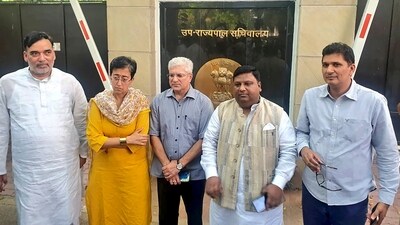 Delhi Ministers Gopal Rai, Atishi Marlena, Kailash Gahlot, Imran Hussain and Saurabh Bhardwaj wait outside the residence of Lt. Governor V.K. Saxena. (PTI) Delhi Ministers Gopal Rai, Atishi Marlena, Kailash Gahlot, Imran Hussain and Saurabh Bhardwaj wait outside the residence of Lt. Governor V.K. Saxena. (PTI)