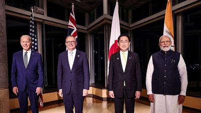 Prime Minister Narendra Modi with USA President Joe Biden, Prime Minister of Australia Anthony Albanese and Prime Minister of Japan Fumio Kishida during the Quad Leaders' Summit, in Hiroshima, Japan on Saturday. (PTI)