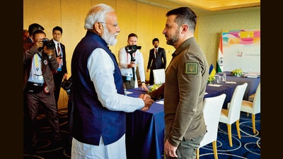 Prime Minister Narendra Modi with Ukraine President Volodymyr Zelensky in Hiroshima on Saturday. (AFP) Prime Minister Narendra Modi with Ukraine President Volodymyr Zelensky in Hiroshima on Saturday. (AFP)