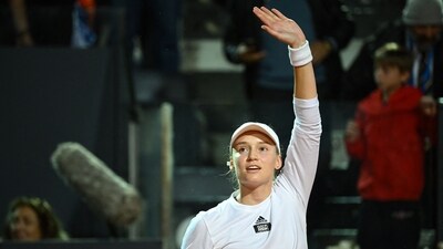 Kazakhstan's Elena Rybakina celebrates after defeating Jelena Ostapenko during their semifinals match of the Women's WTA Rome Open tennis tournament on May 19, 2023 at Foro Italico in Rome. (AFP) Kazakhstan's Elena Rybakina celebrates after defeating Jelena Ostapenko during their semifinals match of the Women's WTA Rome Open tennis tournament on May 19, 2023 at Foro Italico in Rome. (AFP)