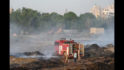 The fire started around 6pm on Thursday in Sector 32, Noida, officials said. (Sunil Ghosh/HT Photo)