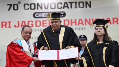Vice-President Jagdeep Dhankhar, also the chancellor of Panjab University, awarding former Chief Justice of India Ranjan Gogoi (left), who is now a Rajya Sabha member, the honorary degree of Doctor of Literature as vice-chancellor Renu Vig looks on during the 70th convocation ceremony at Panjab University in Chandigarh on Saturday. (Ravi Kumar/HT) Vice-President Jagdeep Dhankhar, also the chancellor of Panjab University, awarding former Chief Justice of India Ranjan Gogoi (left), who is now a Rajya Sabha member, the honorary degree of Doctor of Literature as vice-chancellor Renu Vig looks on during the 70th convocation ceremony at Panjab University in Chandigarh on Saturday. (Ravi Kumar/HT)