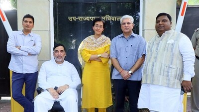 Delhi Ministers Gopal Rai, Atishi, Saurabh Bharadwaj, and Kailash Gehlot arrive to meet Delhi Lieutenant Governor Vinai Kumar Saxena at his residence regarding the pending files related to the transfer of service secretary, in New Delhi on Friday. (AAP Twitter) Delhi Ministers Gopal Rai, Atishi, Saurabh Bharadwaj, and Kailash Gehlot arrive to meet Delhi Lieutenant Governor Vinai Kumar Saxena at his residence regarding the pending files related to the transfer of service secretary, in New Delhi on Friday. (AAP Twitter)