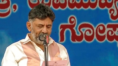 Congress leader DK Shivakumar takes oath as Karnataka's Dy Chief Minister, at Kanteerava Stadium in Bengaluru, Saturday, May 20, 2023. (PTI) Congress leader DK Shivakumar takes oath as Karnataka's Dy Chief Minister, at Kanteerava Stadium in Bengaluru, Saturday, May 20, 2023. (PTI)