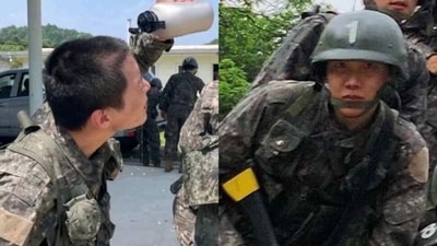 BTS' J-Hope at the military camp. BTS' J-Hope at the military camp.