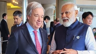 Prime Minister Narendra Modi engaged in a meeting with António Guterres, the Secretary-General of the United Nations, in Hiroshima, where the G7 Summit is taking place. Sharing the picture on Twitter, Modi wrote, “Wonderful conversation with@UN Secretary General @antonioguterres in Hiroshima.” (Twitter/@narendramodi) Prime Minister Narendra Modi engaged in a meeting with António Guterres, the Secretary-General of the United Nations, in Hiroshima, where the G7 Summit is taking place. Sharing the picture on Twitter, Modi wrote, “Wonderful conversation with@UN Secretary General @antonioguterres in Hiroshima.” (Twitter/@narendramodi)