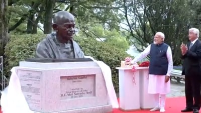 After the bust was unveiled, PM Modi paid floral tributes to Mahatma Gandhi. (ANI) After the bust was unveiled, PM Modi paid floral tributes to Mahatma Gandhi. (ANI)
