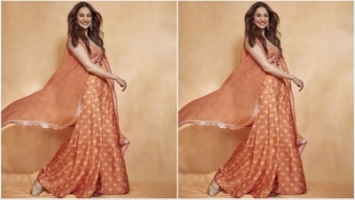Rakul delighted her fans on Friday night by sharing a collection of captivating photos on Instagram. The actress graced the photoshoot in stunning three-piece ensemble from the fashion brand Gopi Vaid. (Instagram/@rakulpreet) Rakul delighted her fans on Friday night by sharing a collection of captivating photos on Instagram. The actress graced the photoshoot in stunning three-piece ensemble from the fashion brand Gopi Vaid. (Instagram/@rakulpreet)