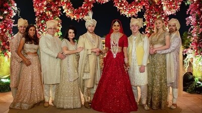 Priyanka Chopra with her in-laws at her and Nick Jonas' wedding in 2018. Priyanka Chopra with her in-laws at her and Nick Jonas' wedding in 2018.