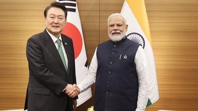 In Hiroshima, PM Modi met with President Yoon Suk Yeol of South Korea. The leaders, during the G7 Summit, conducted a comprehensive review of the bilateral strategic partnership, emphasizing their commitment to enhancing cooperation in crucial areas such as trade, investment, defense, semiconductors, and cutting-edge technologies. (Twitter/@narendramodi) In Hiroshima, PM Modi met with President Yoon Suk Yeol of South Korea. The leaders, during the G7 Summit, conducted a comprehensive review of the bilateral strategic partnership, emphasizing their commitment to enhancing cooperation in crucial areas such as trade, investment, defense, semiconductors, and cutting-edge technologies. (Twitter/@narendramodi)