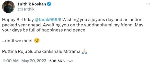 Hrithik Roshan's birthday wish for Jr NTR. Hrithik Roshan's birthday wish for Jr NTR.