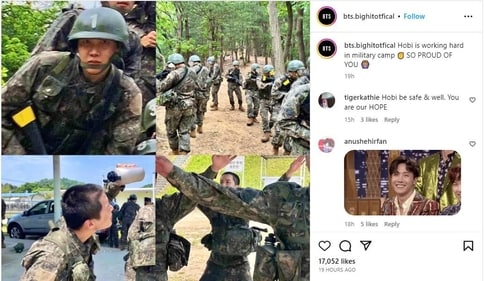 J-Hope was seen with several other soldiers as they trained in a forest.