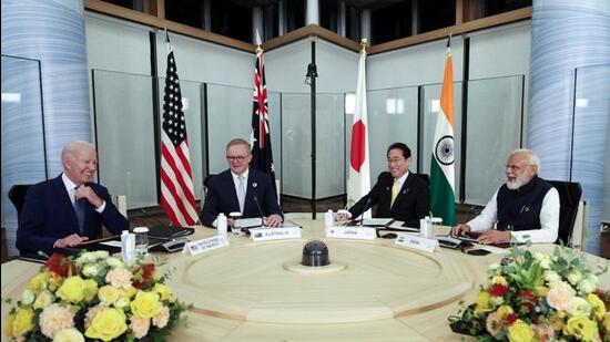 Prime Minister Narendra Modi joins the US President Joe Biden, Australian PM Anthony Albanese and Japanese PM Fumio Kishida for the 3rd in-person Quad Leaders’ Summit in Hiroshima, Japan on Saturday. (ANI)