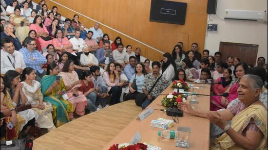 Sudha Murty interacting with faculty and students at Panjab University. (HT File)