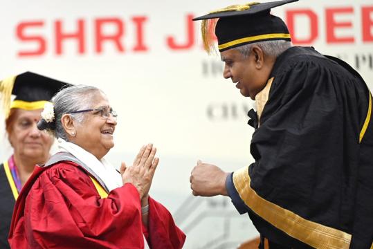 Writer and philanthropist Sudha Murty greeting Vice-President Jagdeep Dhankhar before receiving the honorary degree at the Panjab University convocation in Chandigarh on Saturday. (Ravi Kumar/HT) Writer and philanthropist Sudha Murty greeting Vice-President Jagdeep Dhankhar before receiving the honorary degree at the Panjab University convocation in Chandigarh on Saturday. (Ravi Kumar/HT)