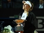 Kazakhstan's Elena Rybakina poses with her trophy celebrating winning the final match of the Women's WTA Rome Open tennis tournament Kazakhstan's Elena Rybakina poses with her trophy celebrating winning the final match of the Women's WTA Rome Open tennis tournament