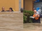 The image, taken from the viral video, shows neighbours rescuing a mother and her daughter. The image, taken from the viral video, shows neighbours rescuing a mother and her daughter.