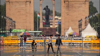 A mirage appears on Kartavya Path during a hot summer day in New Delhi on Sunday. (PTI) A mirage appears on Kartavya Path during a hot summer day in New Delhi on Sunday. (PTI)