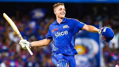 Mumbai Indians' Cameron Green celebrates his century in a match against Sunrisers Hyderabad in the Indian Premier League 2023 (Mumbai Indians Twiiter) Mumbai Indians' Cameron Green celebrates his century in a match against Sunrisers Hyderabad in the Indian Premier League 2023 (Mumbai Indians Twiiter)