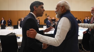 UK PM Rishi Sunak and PM Modi met on the sidelines of the G7 Summit in Hiroshima, Japan. (Twitter) UK PM Rishi Sunak and PM Modi met on the sidelines of the G7 Summit in Hiroshima, Japan. (Twitter)