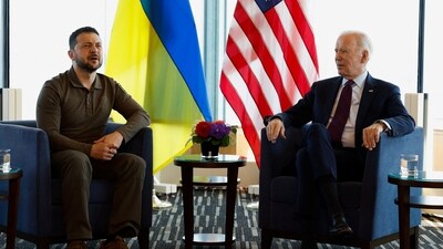 US President Joe Biden meets with Ukrainian President Volodymyr Zelensky, during the G7 Summit. (Reuters)