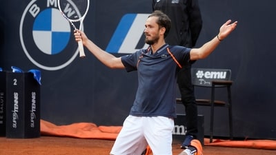 Daniil Medvedev of Russia celebrates defeating Denmark's Holger Rune during the men's final tennis match at the Italian Open (AP)