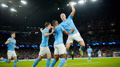 Erling Haaland and his teammates celebrate a goal during the Champions League semifinal against Real Madrid at Etihad Stadium. (AP) Erling Haaland and his teammates celebrate a goal during the Champions League semifinal against Real Madrid at Etihad Stadium. (AP)