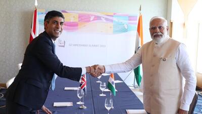 Prime minister Narendra Modi and British PM Rishi Sunak meet on the sidelines of G7 Summit (Twitter/@narendramodi) Prime minister Narendra Modi and British PM Rishi Sunak meet on the sidelines of G7 Summit (Twitter/@narendramodi)