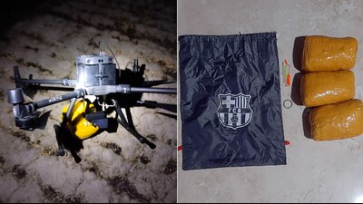 The BSF also recovered three packets attached to the drone containing 3.3kg of heroin. (ANI Photo) The BSF also recovered three packets attached to the drone containing 3.3kg of heroin. (ANI Photo)