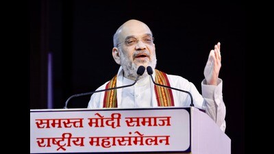Union home minister Amit Shah addresses a Modi community function, in Ahmedabad, Sunday. (PTI)