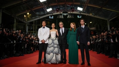 Natalie Portman and Julianne Moore also posed with co-stars Charles Melton and Cory Michael Smith in a picture take at the premiere of May December at Cannes Film Festival 2023 on Saturday night. (AP) Natalie Portman and Julianne Moore also posed with co-stars Charles Melton and Cory Michael Smith in a picture take at the premiere of May December at Cannes Film Festival 2023 on Saturday night. (AP)