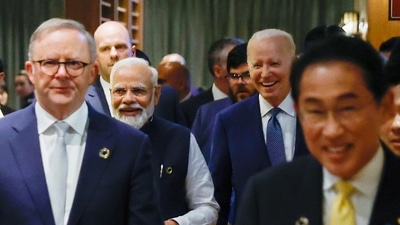 Japan's Prime Minister Fumio Kishida, front right, Australia's Prime Minister Anthony Albanese, front left, Prime Minister Narendra Modi, back left, and U.S. President Joe Biden walk as they hold a Quad meeting on the sidelines of the G7 summit, at the Grand Prince Hotel in Hiroshima, Japan, Saturday. (AP) Japan's Prime Minister Fumio Kishida, front right, Australia's Prime Minister Anthony Albanese, front left, Prime Minister Narendra Modi, back left, and U.S. President Joe Biden walk as they hold a Quad meeting on the sidelines of the G7 summit, at the Grand Prince Hotel in Hiroshima, Japan, Saturday. (AP)