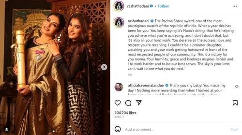 Rasha had penned a note for Raveena Tandon last month. Rasha had penned a note for Raveena Tandon last month.