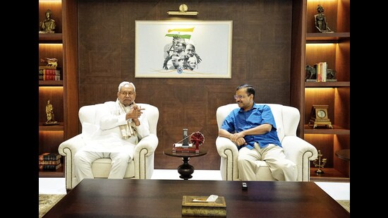Bihar chief minister Nitish Kumar meets his Delhi counterpart Arvind Kejriwal, in New Delhi on Sunday. (ANI)