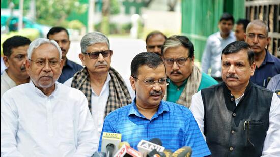 New Delhi, May 21 (ANI): Delhi Chief Minister Arvind Kejriwal addresses a press conference with Bihar Chief Minister Nitish Kumar, at the CM's residence, in New Delhi on Sunday. Aam Aadmi Party (AAP) MP Sanjay Singh, Rashtriya Janata Dal (RJD) leader Manoj Kumar Jha and others are also seen. (ANI Photo) (ANI)
