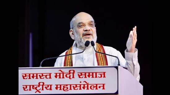 Union home minister Amit Shah addresses a Modi community function, in Ahmedabad, Sunday. (PTI)