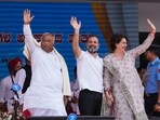 Congress President Mallikarjun Kharge with party leaders Rahul Gandhi and Priyanka Gandhi. (PTI)