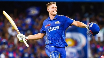 Cameron Green celebrates his century against Sunrisers Hyderabad (Mumbai Indians Twiiter) Cameron Green celebrates his century against Sunrisers Hyderabad (Mumbai Indians Twiiter)