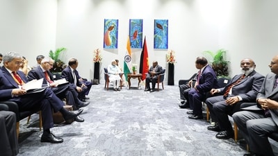 Prime Minister Narendra Modi holds a bilateral meeting with Papua New Guinea Prime Minister James Marape, in Port Moresby on Monday. (ANI) Prime Minister Narendra Modi holds a bilateral meeting with Papua New Guinea Prime Minister James Marape, in Port Moresby on Monday. (ANI)