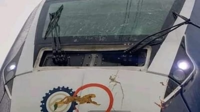 The train was hit by lightning and a hailstorm that cracked the windscreen of the driver’s cabin. (ANI Twitter) The train was hit by lightning and a hailstorm that cracked the windscreen of the driver’s cabin. (ANI Twitter)