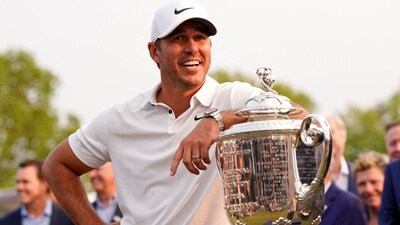 Brooks Koepka celebrates after winning the PGA Championship golf tournament at Oak Hill Country Club. (USA TODAY Sports via Reuters Con)