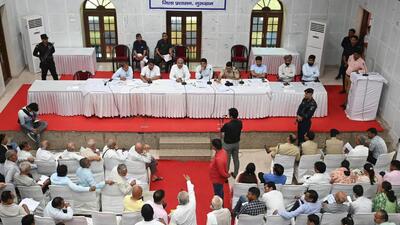 Gurugram, India-May 22, 2023: Jai Parkash Dalal, Agriculture minister, Nishant Kumar Yadav, Deputy Commissioner and Satya Prakash Jaravata, MLA hearing a complaint during the grievance committee meeting in John Hall at Civil line, in Gurugram, India, on Monday, 22 May 2023. (Photo by Parveen Kumar/Hindustan Times)(Pic to go with Abhishek's story) Gurugram, India-May 22, 2023: Jai Parkash Dalal, Agriculture minister, Nishant Kumar Yadav, Deputy Commissioner and Satya Prakash Jaravata, MLA hearing a complaint during the grievance committee meeting in John Hall at Civil line, in Gurugram, India, on Monday, 22 May 2023. (Photo by Parveen Kumar/Hindustan Times)(Pic to go with Abhishek's story)