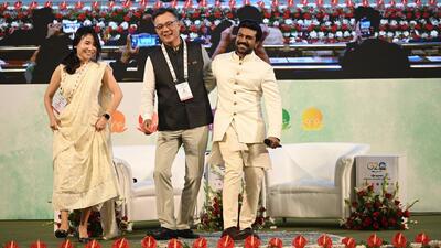 Indian actor Ram Charan and Korean ambassador Chang Jae-bok shaking a leg to the Oscar-winning song “Naatu Naatu” at the G20 tourism meeting in Srinagar. (Waseem Andrabi/HT)