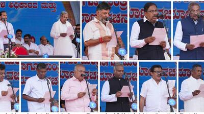 Karnataka chief minister Siddaramaiah and nine ministers were sworn-in on Saturday in Bengaluru. (PTI) Karnataka chief minister Siddaramaiah and nine ministers were sworn-in on Saturday in Bengaluru. (PTI)