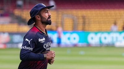 Dinesh Karthik was dismissed for a golden duck vs GT. (PTI) Dinesh Karthik was dismissed for a golden duck vs GT. (PTI)