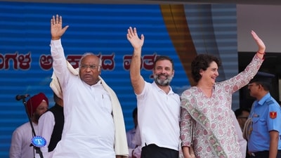Congress President Mallikarjun Kharge with party leaders Rahul Gandhi and Priyanka Gandhi. (PTI) Congress President Mallikarjun Kharge with party leaders Rahul Gandhi and Priyanka Gandhi. (PTI)