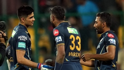 Hardik Pandya greets batter Shubman Gill during the IPL 2023 match between Royal Challengers Bangalore and Gujrat Titans (PTI) Hardik Pandya greets batter Shubman Gill during the IPL 2023 match between Royal Challengers Bangalore and Gujrat Titans (PTI)